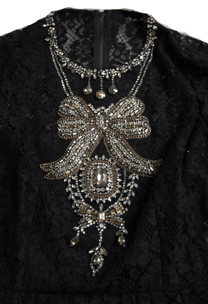 Dolce & Gabbana zwarte nylon jurk met kant en versieringen