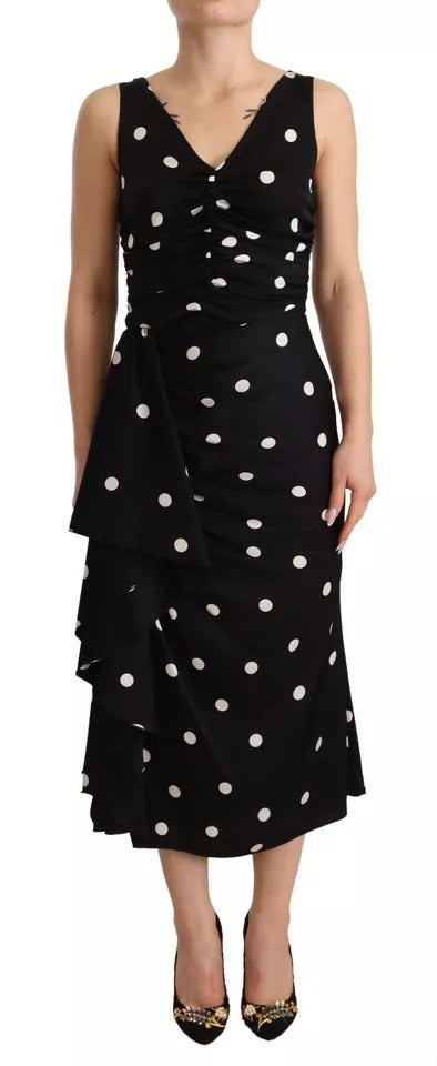 Dolce & Gabbana Zwarte Zijden Midi Jurk met V-hals en Polkadot Motief