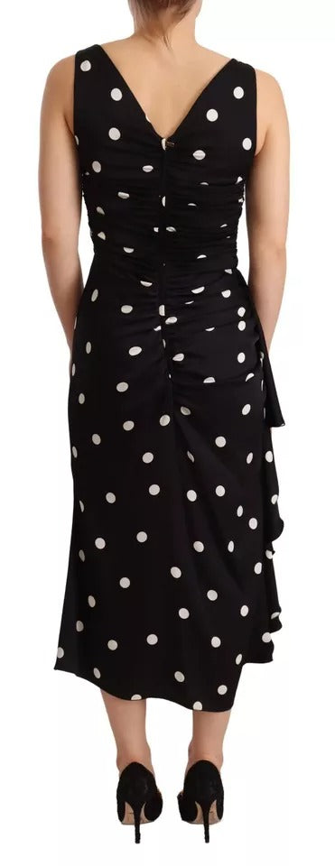 Robe midi portefeuille en soie noire à pois et col en V de Dolce & Gabbana
