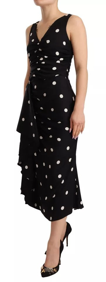 Robe midi portefeuille en soie noire à pois et col en V de Dolce & Gabbana