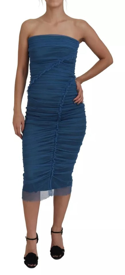 Dolce & Gabbana Robe Mi-Longue en Tulle Bleu avec Détails Froncés