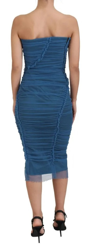 Dolce & Gabbana Robe Mi-Longue en Tulle Bleu avec Détails Froncés