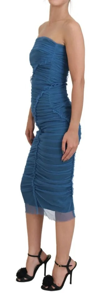 Dolce & Gabbana Robe Mi-Longue en Tulle Bleu avec Détails Froncés