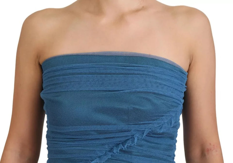 Dolce & Gabbana Robe Mi-Longue en Tulle Bleu avec Détails Froncés