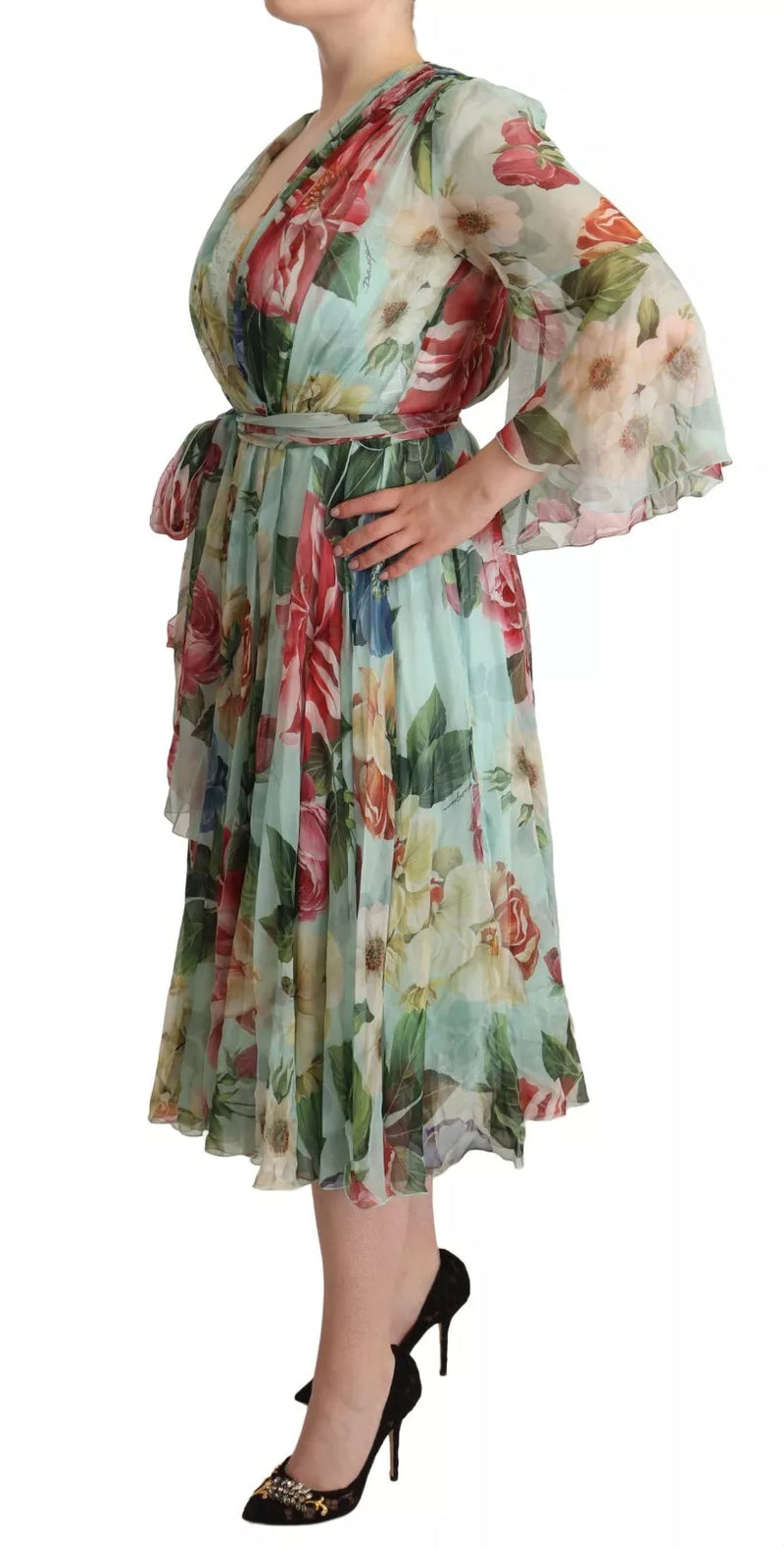 Robe Midi V-neck à Fleurs Vertes Dolce & Gabbana