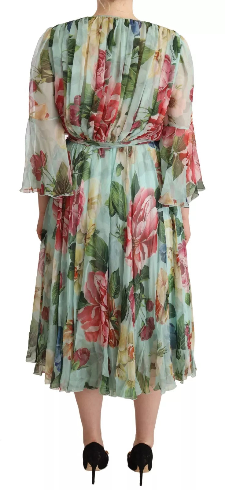 Robe Midi V-neck à Fleurs Vertes Dolce & Gabbana