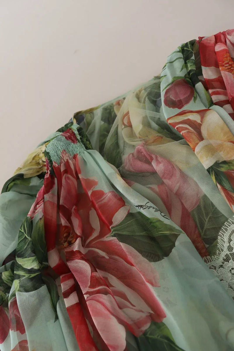 Robe Midi V-neck à Fleurs Vertes Dolce & Gabbana