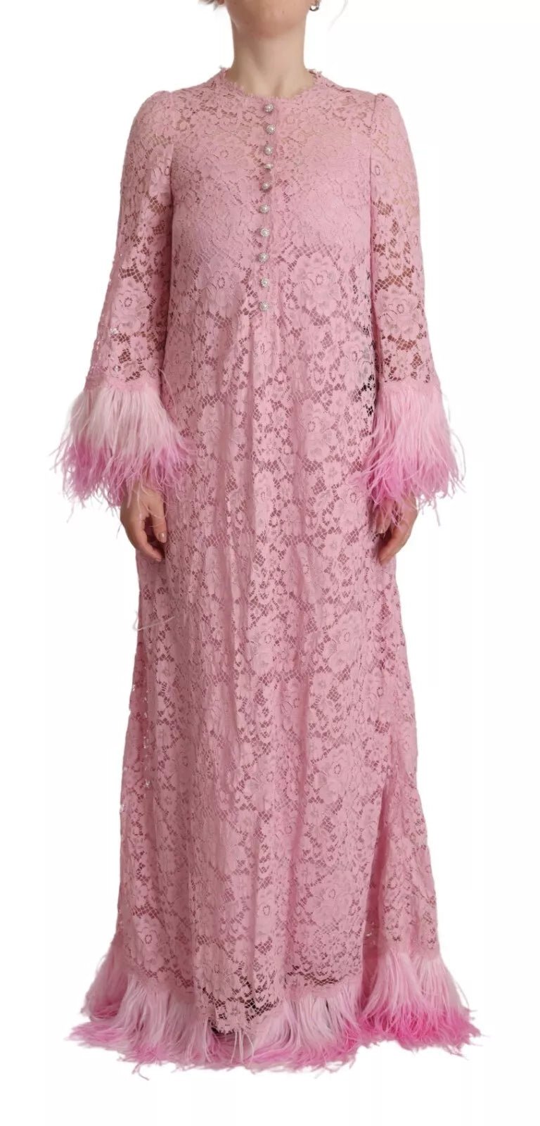 Robe Longue en Dentelle Lilas avec Plumes Dolce & Gabbana