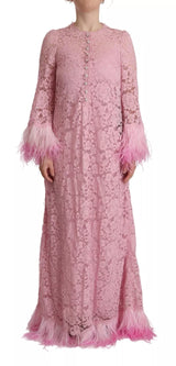 Robe Longue en Dentelle Lilas avec Plumes Dolce & Gabbana