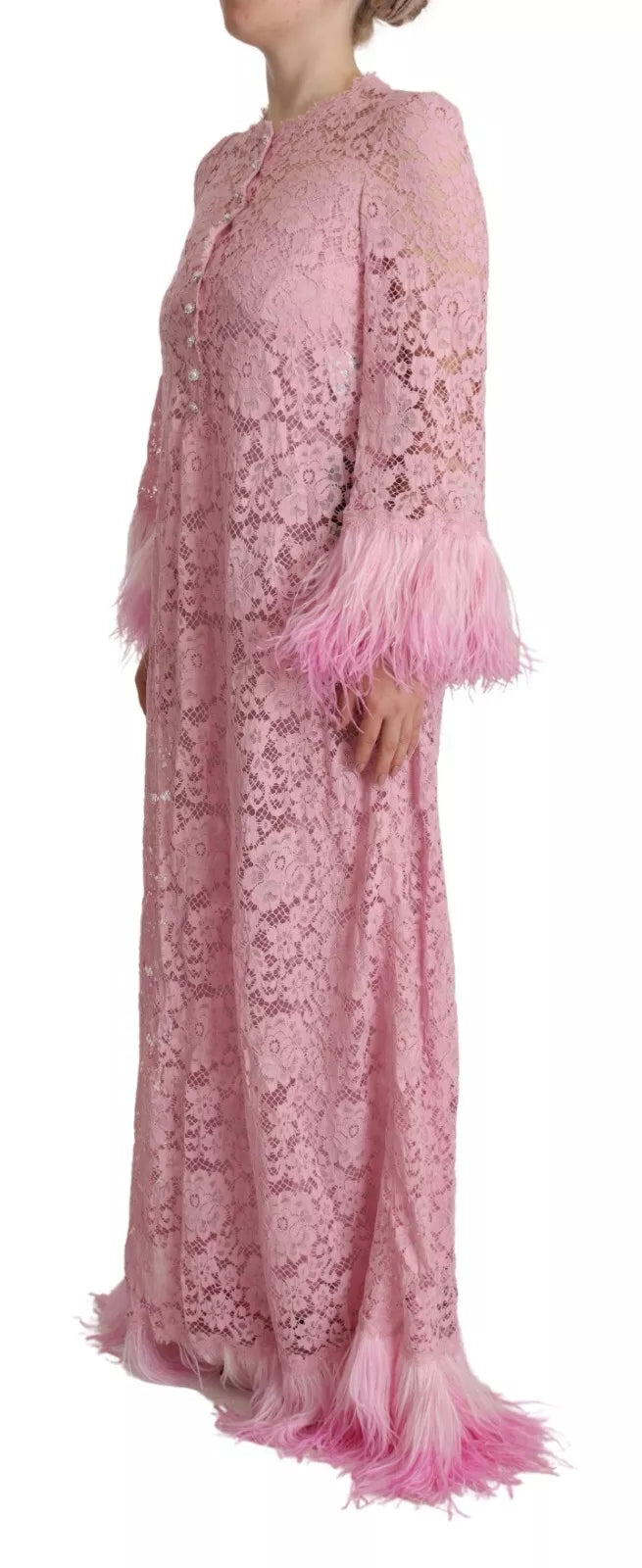 Robe Longue en Dentelle Lilas avec Plumes Dolce & Gabbana