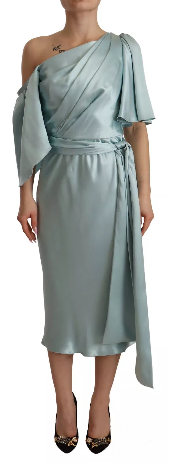 Robe Midi Dolce & Gabbana en Soie Verte à Épaule Dénudée