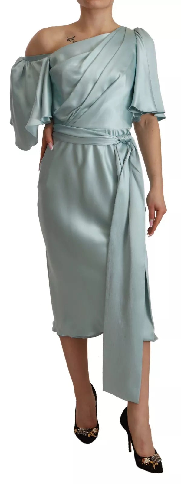 Robe Midi Dolce & Gabbana en Soie Verte à Épaule Dénudée