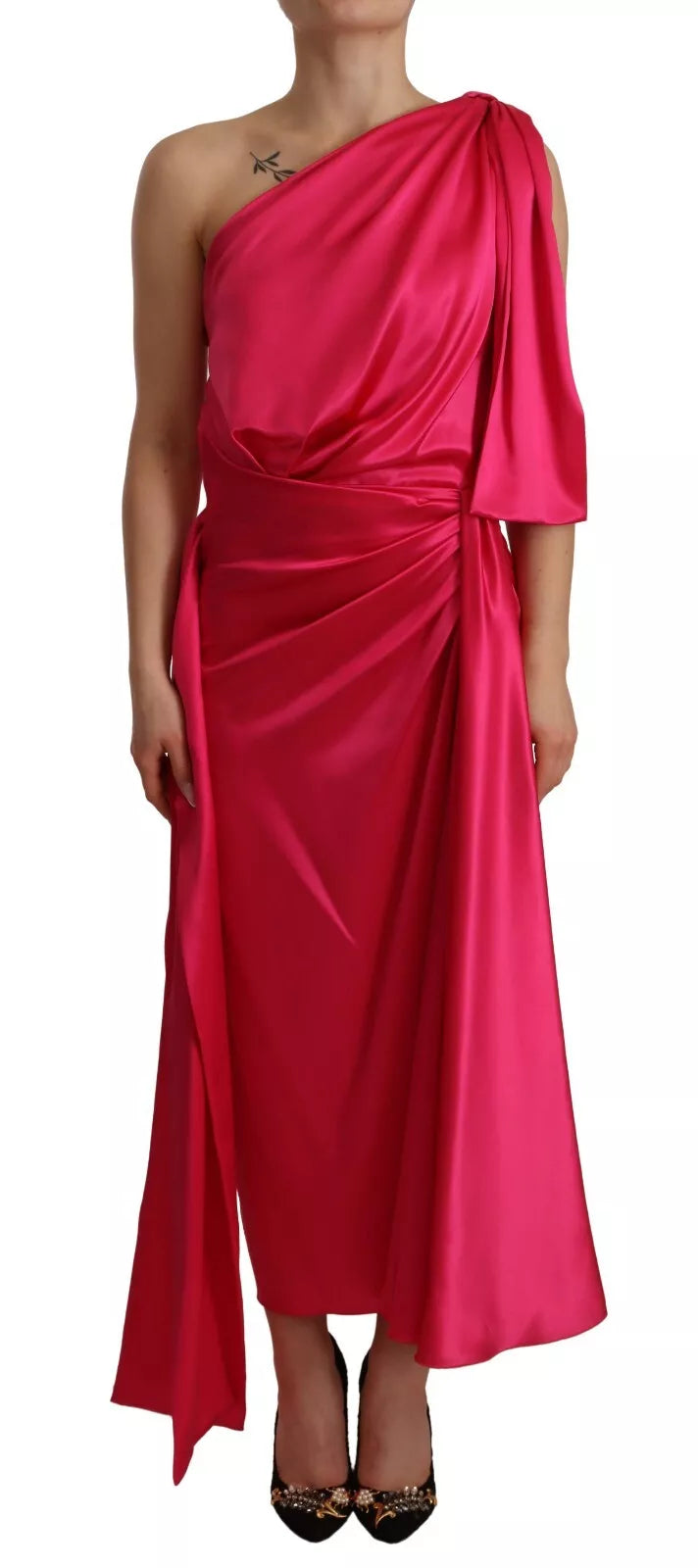Robe Midi Fittée à Épaule Dénudée en Soie Fuchsia Dolce & Gabbana