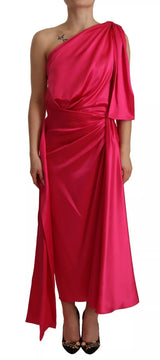 Robe Midi Fittée à Épaule Dénudée en Soie Fuchsia Dolce & Gabbana