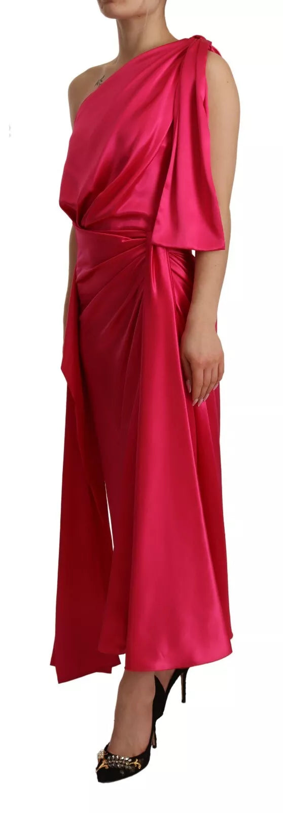 Robe Midi Fittée à Épaule Dénudée en Soie Fuchsia Dolce & Gabbana