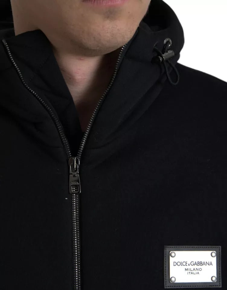 Bomber Jacket à capuche en coton noir avec logo Dolce & Gabbana