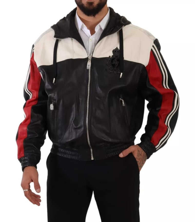 Dolce & Gabbana zwarte leren blousonjas met capuchon