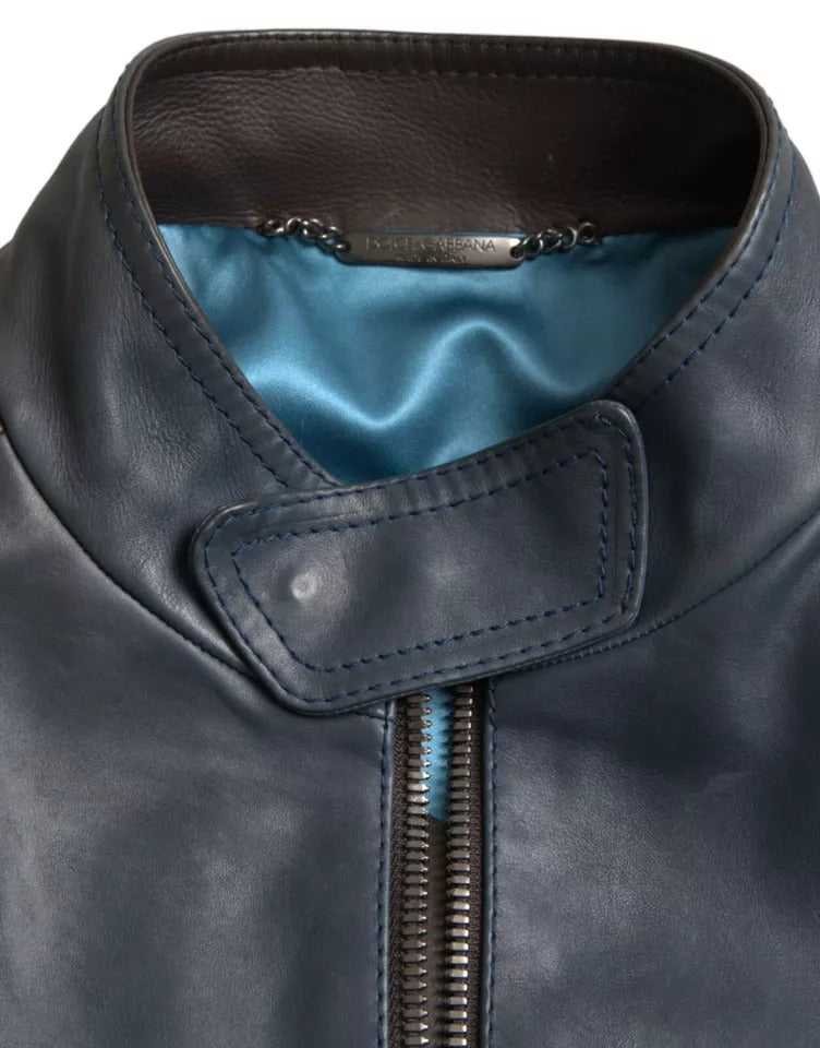 Dolce & Gabbana Blauwe Lederen Bikerblousonjas met Ritssluiting
