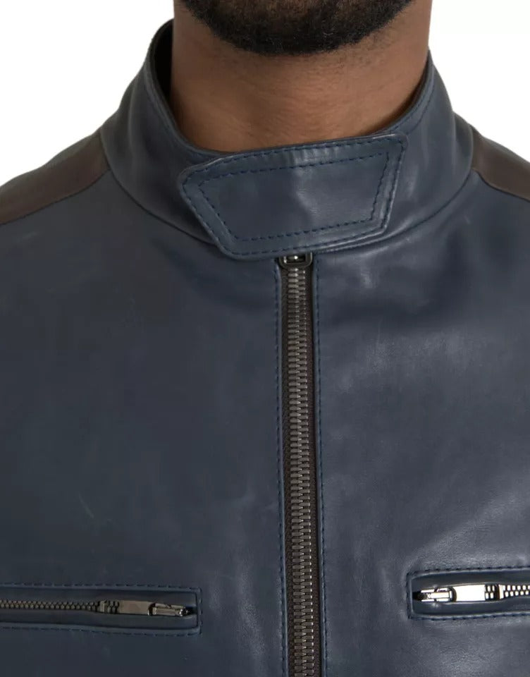 Dolce & Gabbana Blauwe Lederen Bikerblousonjas met Ritssluiting