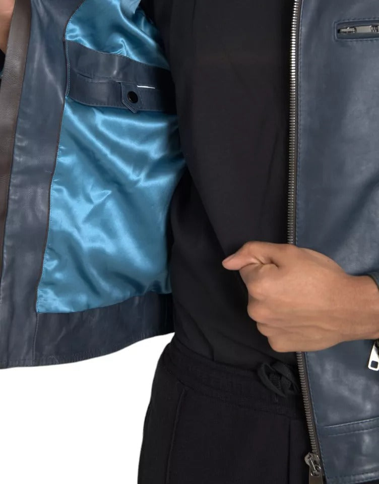Blouson en cuir bleu à fermeture éclair intégrale, style motard, Dolce & Gabbana