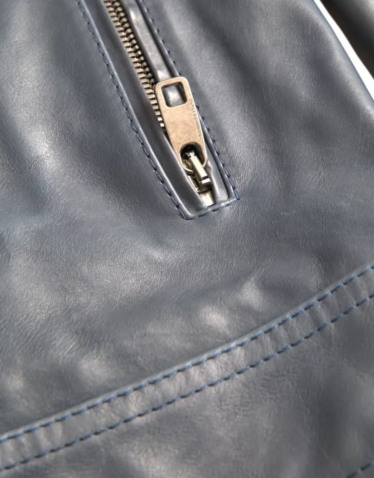 Blouson en cuir bleu à fermeture éclair intégrale, style motard, Dolce & Gabbana