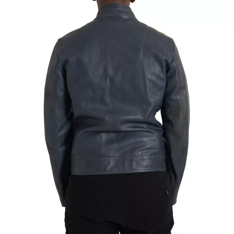 Dolce & Gabbana Blauwe Lederen Bikerblousonjas met Ritssluiting