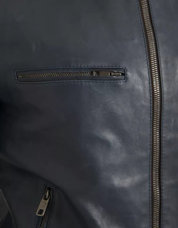 Dolce & Gabbana Blauwe Lederen Bikerblousonjas met Ritssluiting