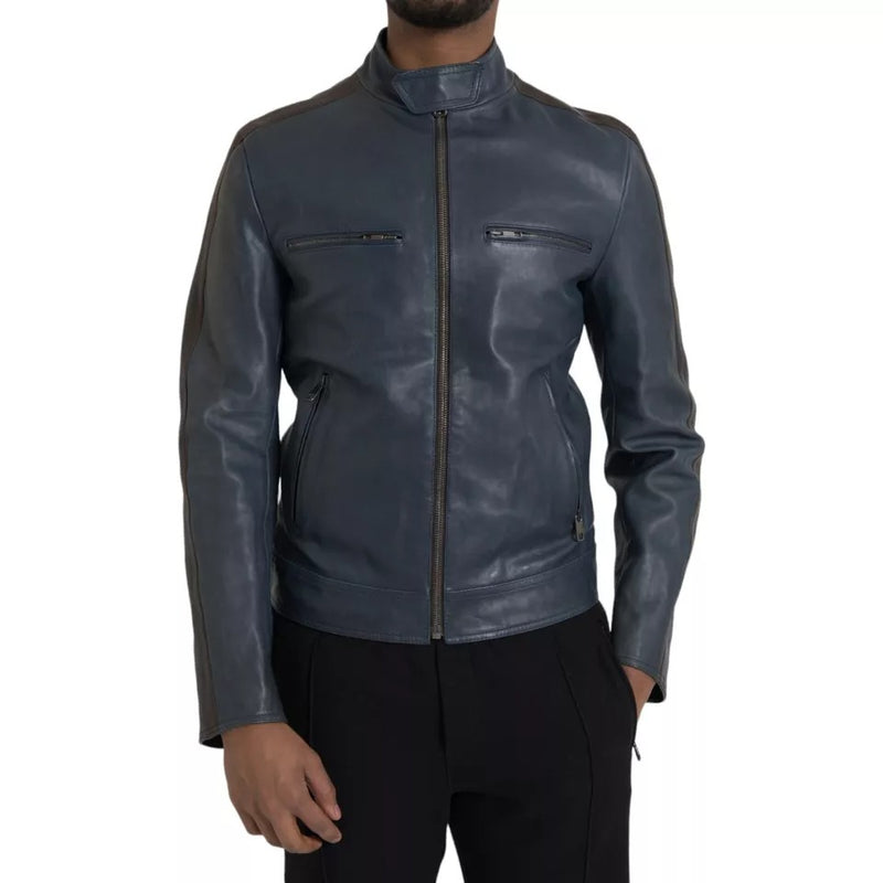 Dolce & Gabbana Blauwe Lederen Bikerblousonjas met Ritssluiting