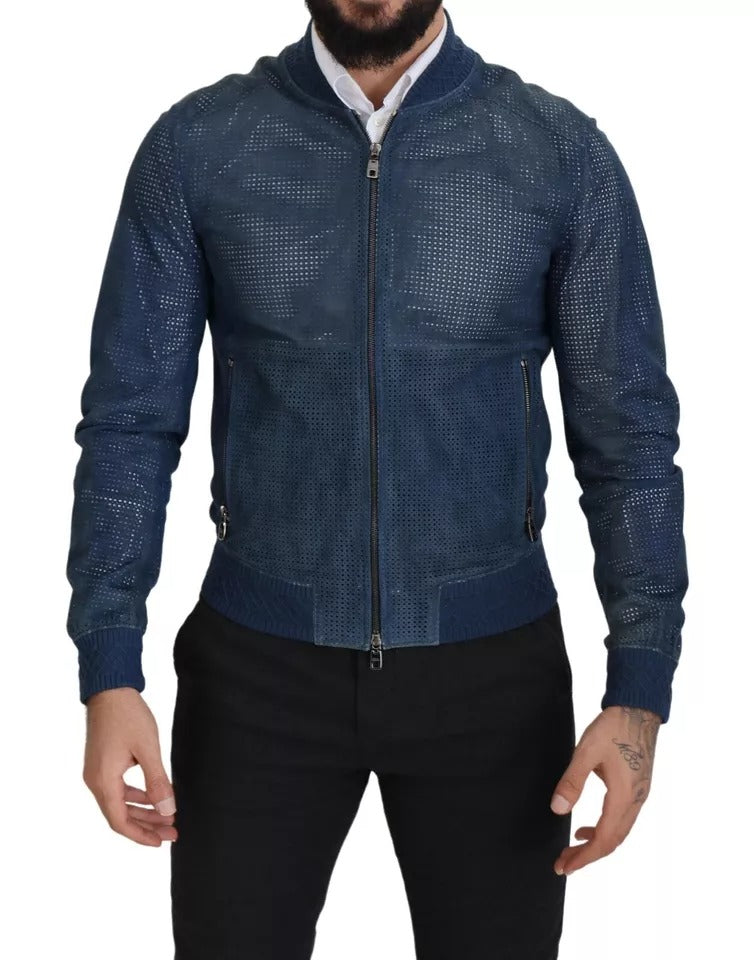 Dolce & Gabbana blauwe leren jas met perforaties en ritssluiting