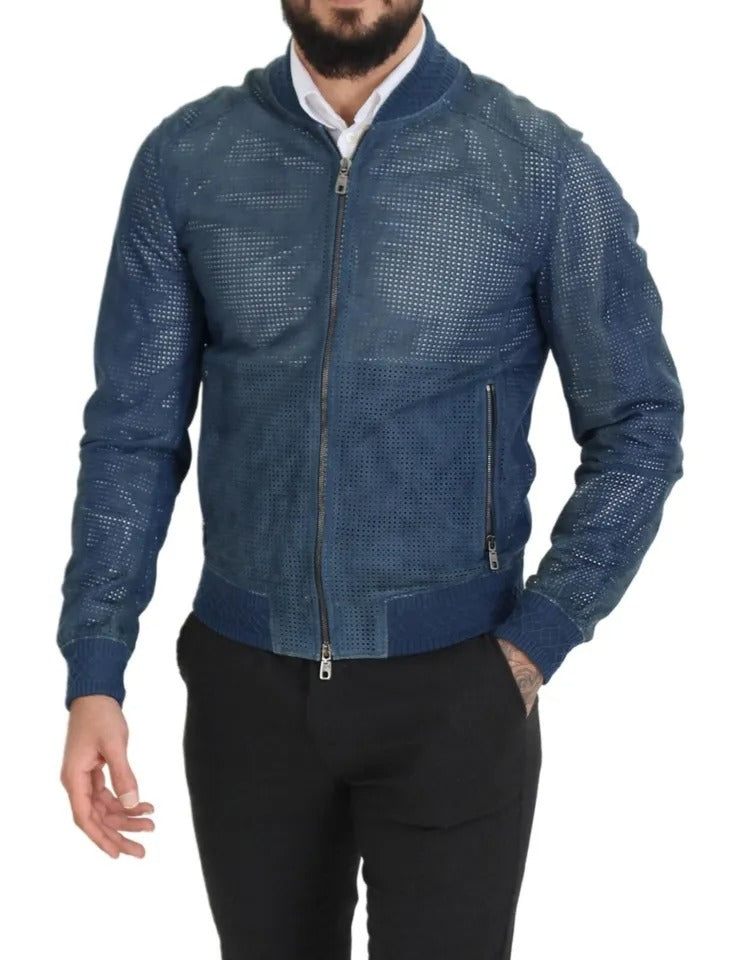 Dolce & Gabbana blauwe leren jas met perforaties en ritssluiting