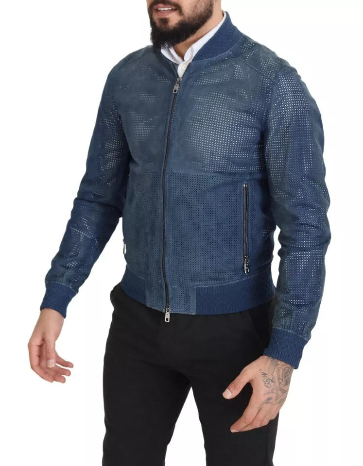 Dolce & Gabbana veste zippée en cuir bleu perforé