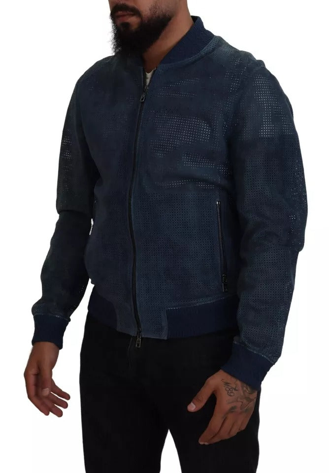 Dolce &amp; Gabbana veste zippée en cuir bleu perforé