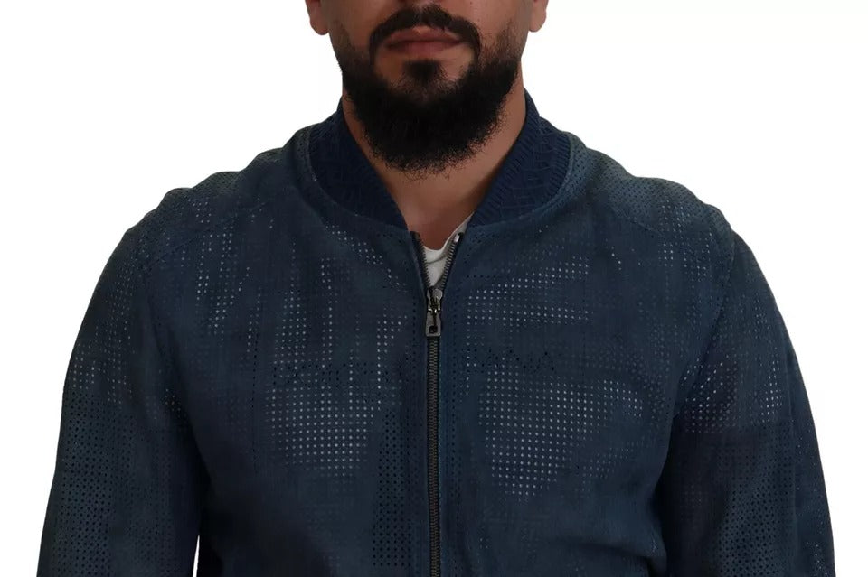 Dolce &amp; Gabbana veste zippée en cuir bleu perforé