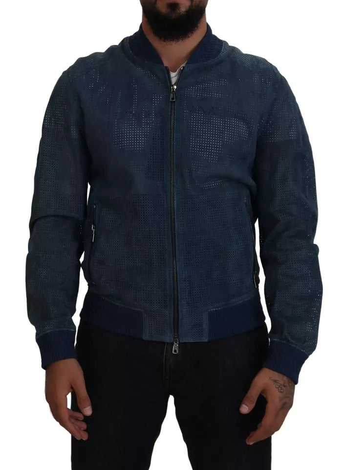 Dolce &amp; Gabbana veste zippée en cuir bleu perforé