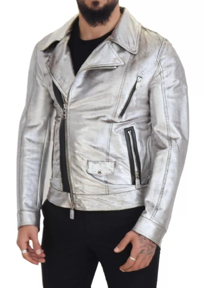 Dolce & Gabbana leren bikerjas van zilverkleurig lammerenleer
