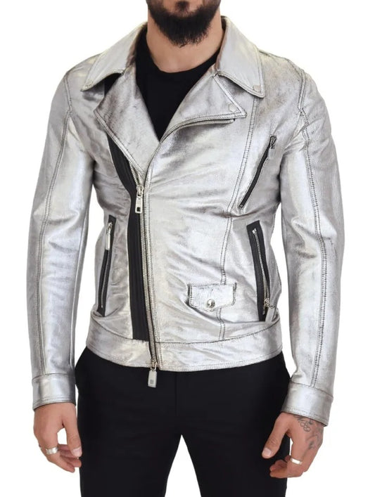 Dolce & Gabbana Veste motard en cuir argenté, veste en peau d'agneau
