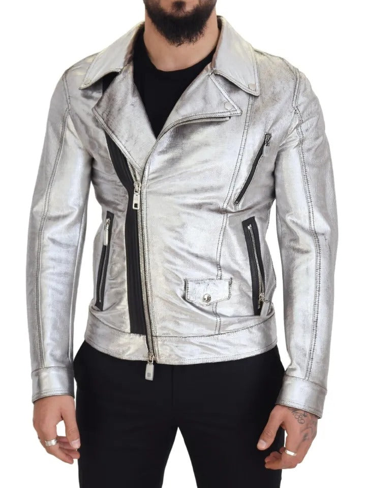 Dolce & Gabbana leren bikerjas van zilverkleurig lammerenleer