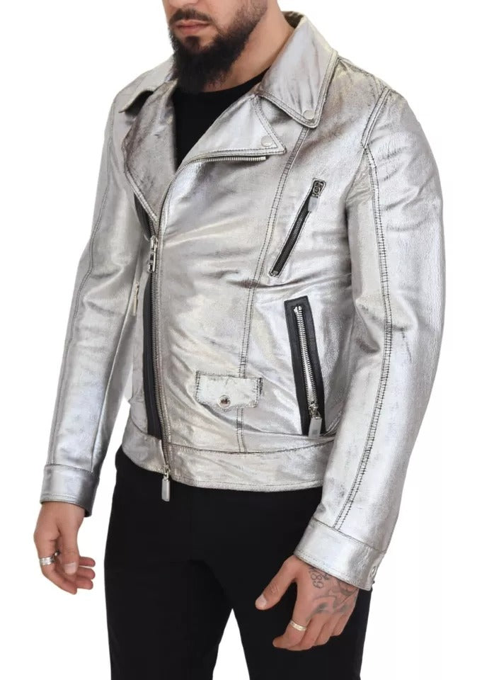 Dolce & Gabbana leren bikerjas van zilverkleurig lammerenleer