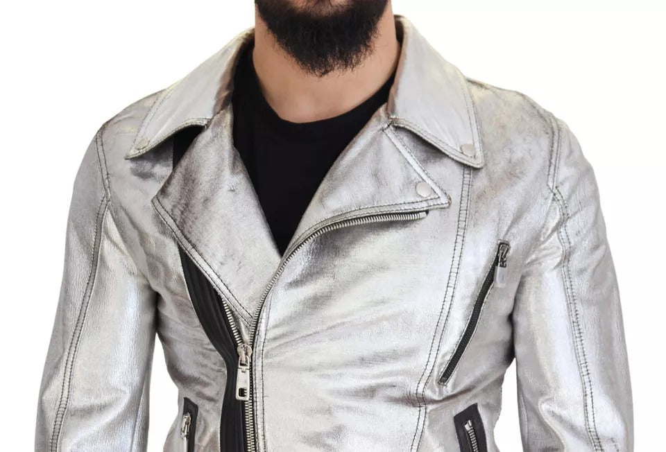 Dolce & Gabbana Veste motard en cuir argenté, veste en peau d'agneau