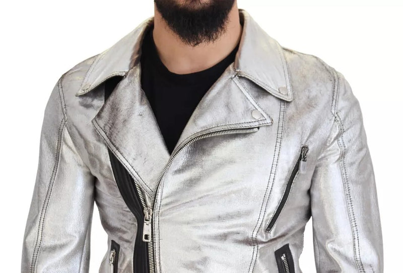 Dolce & Gabbana leren bikerjas van zilverkleurig lammerenleer