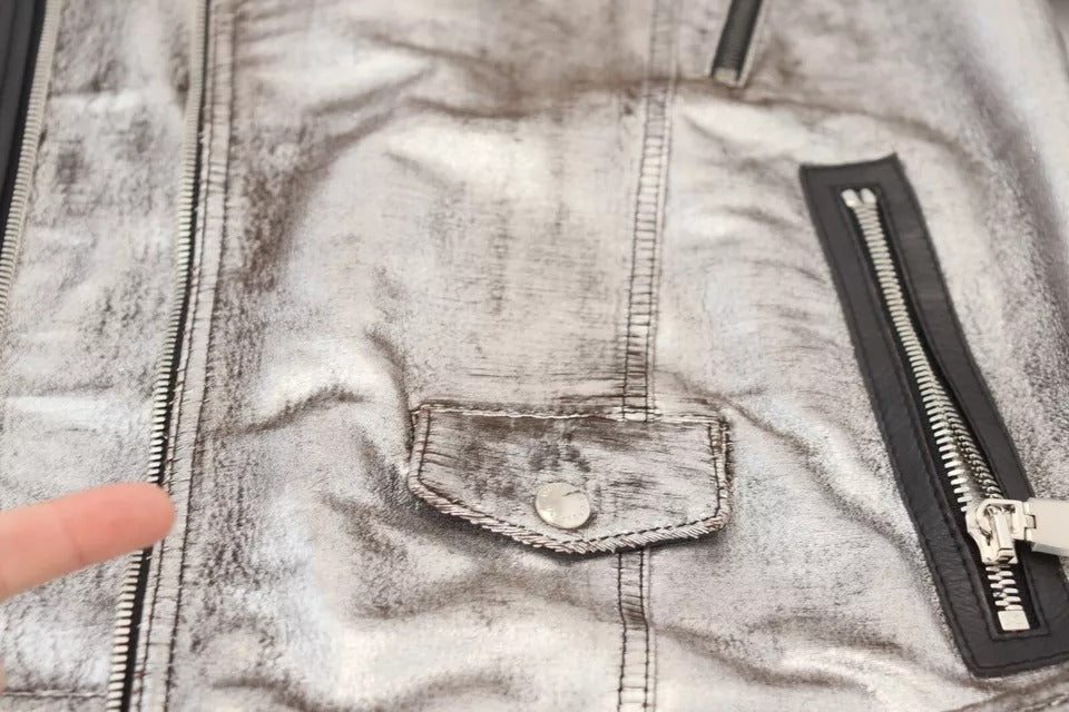 Dolce & Gabbana Veste motard en cuir argenté, veste en peau d'agneau
