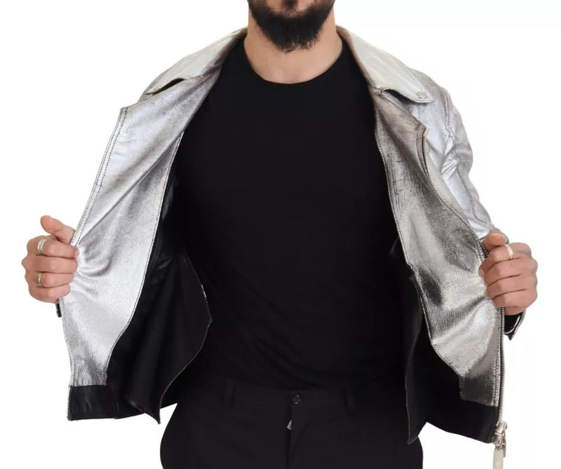 Dolce & Gabbana leren bikerjas van zilverkleurig lammerenleer
