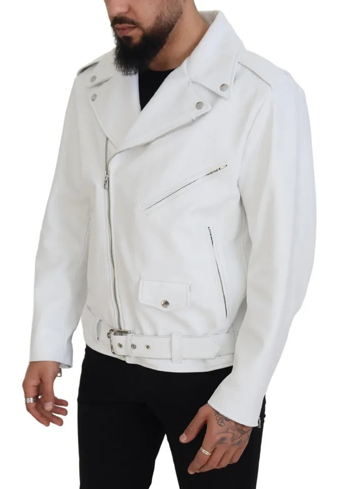 Veste motard en cuir blanc à fermeture éclair Dolce & Gabbana
