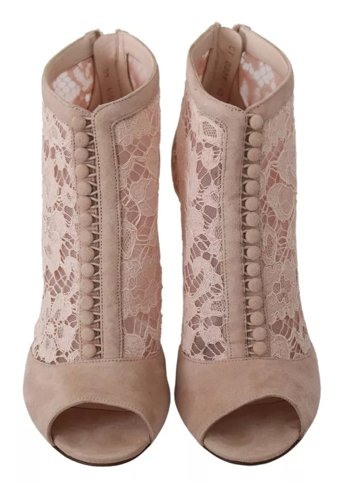 Dolce & Gabbana Beige Lace Suede Peep Toe Ankle Boots