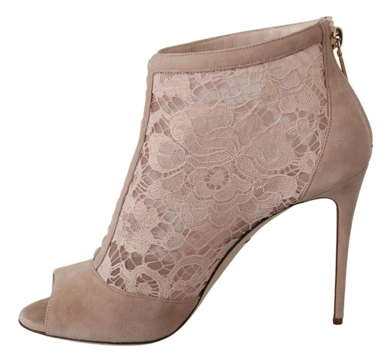 Dolce & Gabbana Beige Lace Suede Peep Toe Ankle Boots