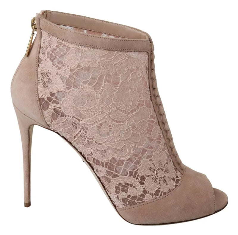 Dolce & Gabbana Beige Lace Suede Peep Toe Ankle Boots