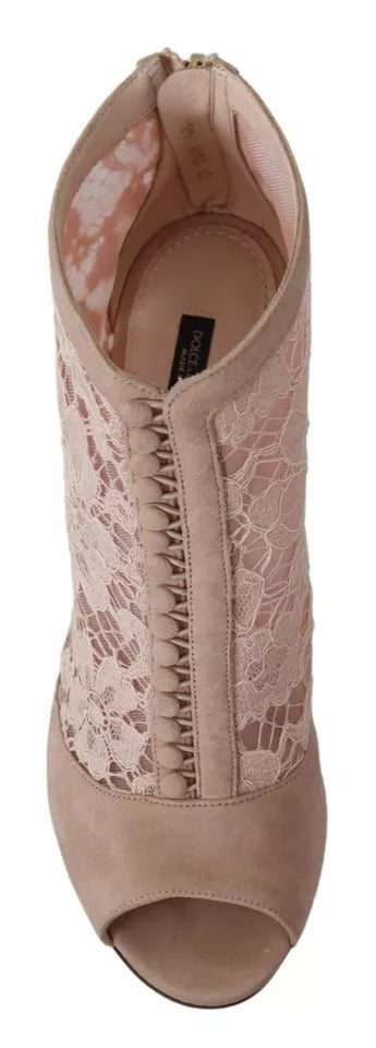 Dolce & Gabbana Beige Lace Suede Peep Toe Ankle Boots