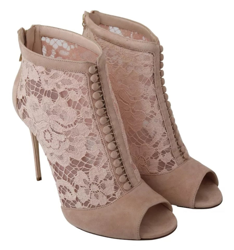 Dolce & Gabbana Beige Lace Suede Peep Toe Ankle Boots