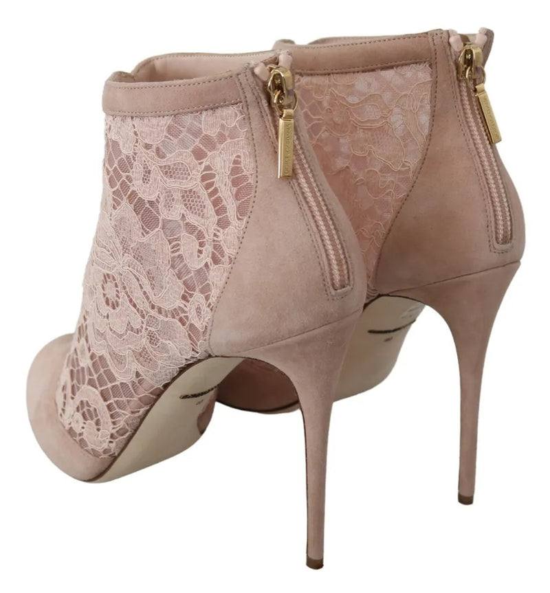 Dolce & Gabbana Beige Lace Suede Peep Toe Ankle Boots