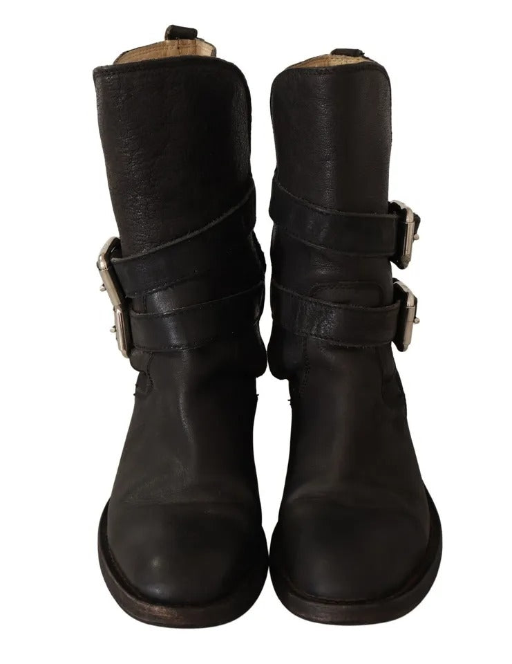 Dolce & Gabbana Bottes Mi-Mollet en Cuir Noir avec Boucle